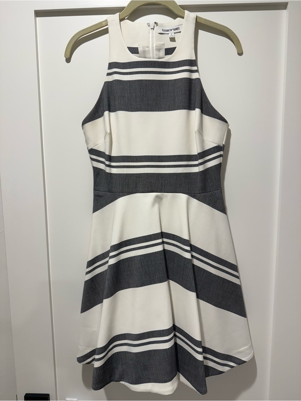 Elizabeth and James White and Grey Striped Fit-and-Flare Mini Dress